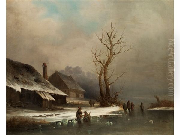 Winterlandschaft Mit Zugefrorenem Fluss, Schlittschuhlaufern Und Schloss Oil Painting by Andreas Schelfhout