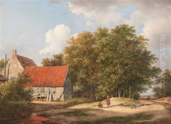 Summer Farmyard Oil Painting by Andreas Schelfhout