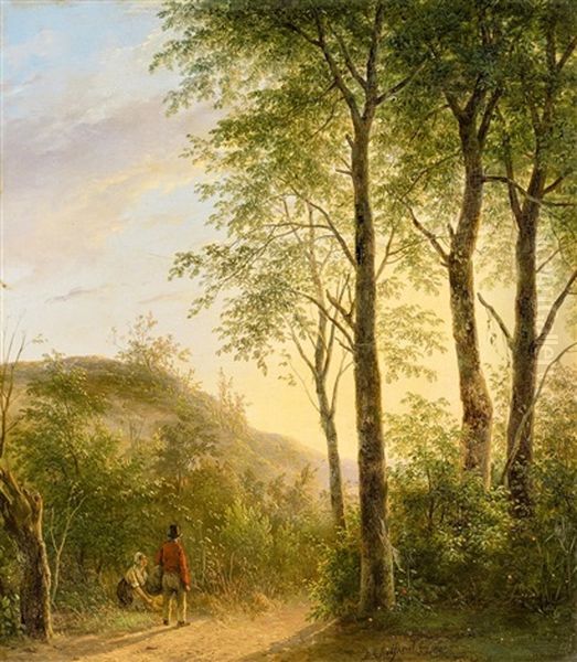 Abendliche Waldlandschaft Mit Zwei Wanderern Oil Painting by Andreas Schelfhout