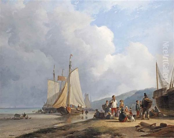 A Coastal Scene With Bomschuiten On The Beach And Villagers Gathering Around A Fishmonger Oil Painting by Andreas Schelfhout