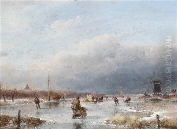 Ice Skating On A Frozen River Oil Painting by Andreas Schelfhout