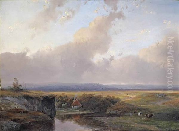 A Panoramic River Landscape With A Shepherd And His Flock Resting Near A Water Mill Oil Painting by Andreas Schelfhout