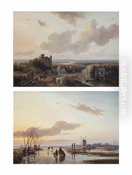 A Summer Panorama With The Ruin Of A Castle; And A Frozen Waterway Oil Painting by Andreas Schelfhout