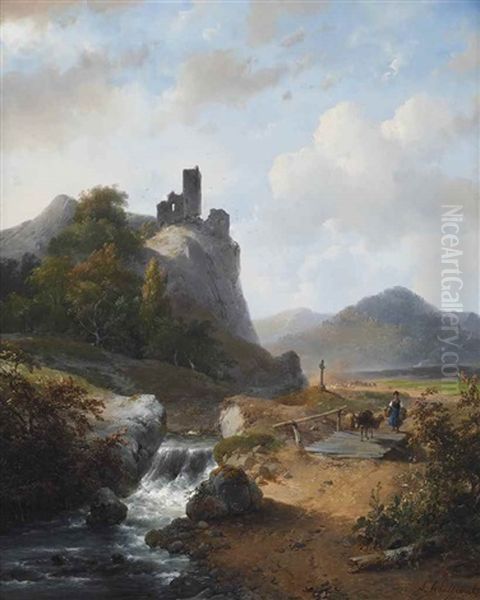 A German Landscape With A Ruin Oil Painting by Andreas Schelfhout