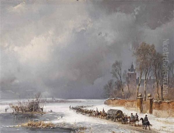 Soldiers Marching In The Snow Oil Painting by Andreas Schelfhout