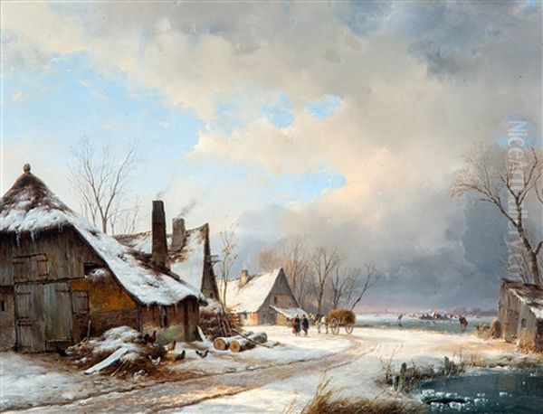 Winterse Boerderij Met In De Verte Schaatsers Bij Een Koek En Zopie Oil Painting by Andreas Schelfhout