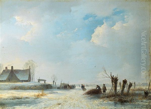 Winter Landscape With Ice-skaters And Men Pollarding Willow Oil Painting by Andreas Schelfhout