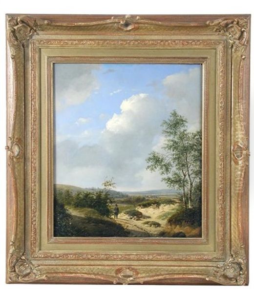 A Peasant On A Sandy Path In A Hilly Landscape With A Birch Tree Oil Painting by Andreas Schelfhout