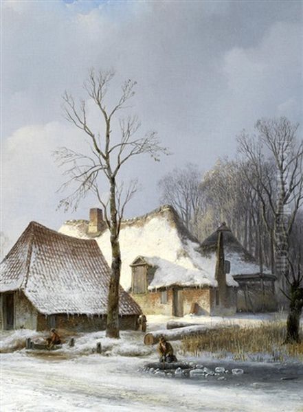 Boerderij In De Winter Oil Painting by Andreas Schelfhout