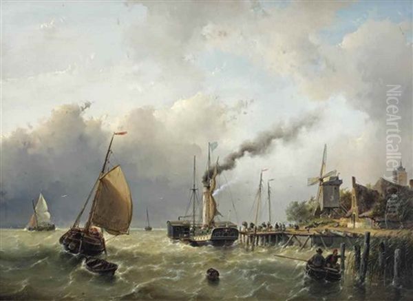 Boarding The Paddle Steamer On Choppy Waters Oil Painting by Andreas Schelfhout