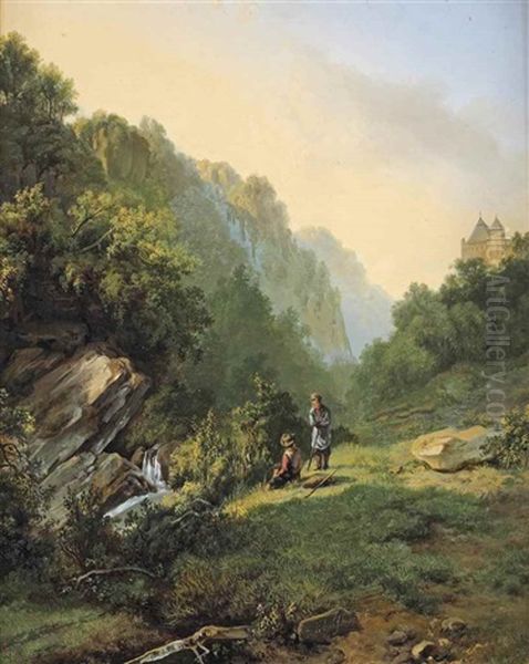 Two Figures Resting In A Mountainous Landscape Near A Stream Oil Painting by Andreas Schelfhout