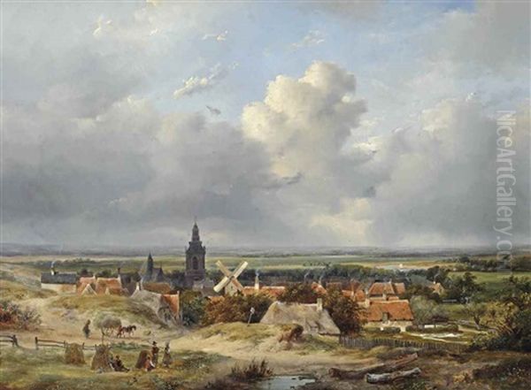 A Panoramic View Of A Village In The Dunes Oil Painting by Andreas Schelfhout