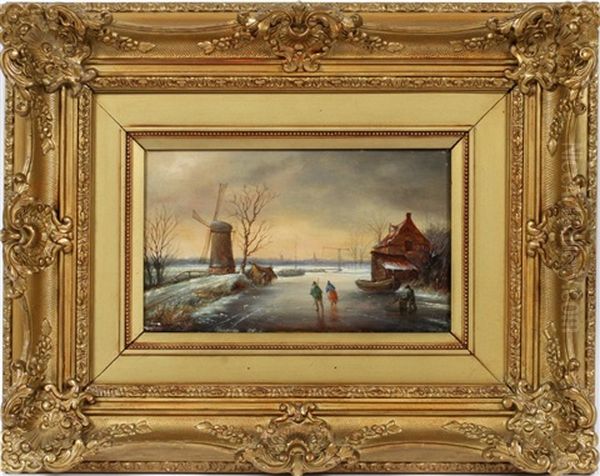 Dutch Winter Landscape Oil Painting by Andreas Schelfhout