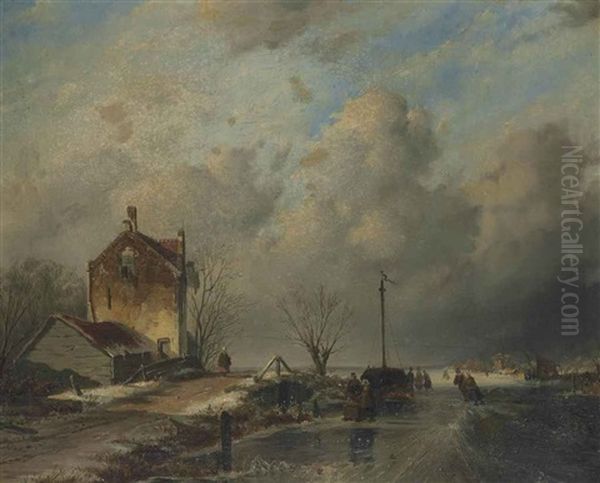 Winter Landscape With A Frozen River Oil Painting by Andreas Schelfhout