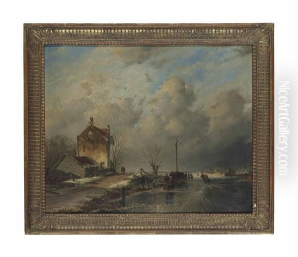 Winter Landscape With A Frozen River Oil Painting by Andreas Schelfhout