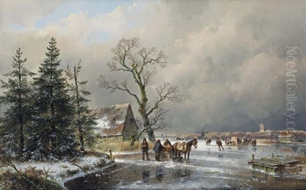 An Extensive Winter Landscape With Skaters And A Horse-drawn Sledge Oil Painting by Andreas Schelfhout