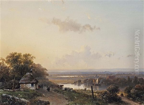 A Panoramic River Landscape With Travellers On A Path Oil Painting by Andreas Schelfhout