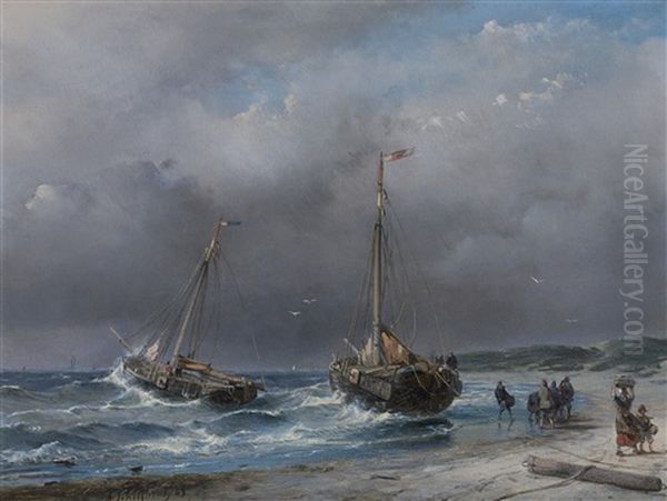 Unloading The Catch Oil Painting by Andreas Schelfhout