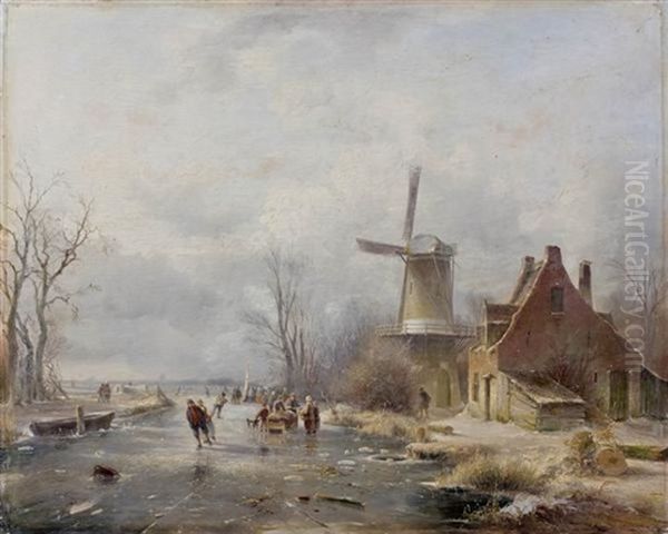 Patineurs Pres D'un Moulin by Andreas Schelfhout