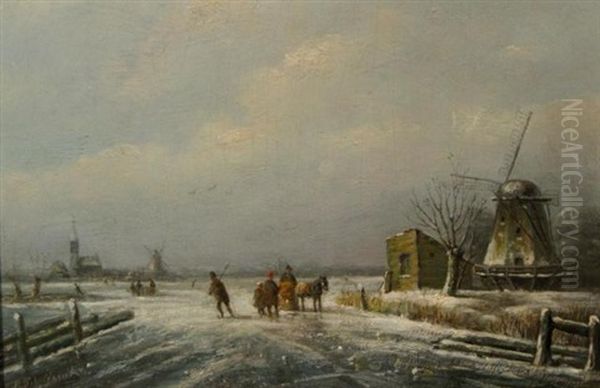 Winterlandschap Met Voorbijgangers Oil Painting by Andreas Schelfhout