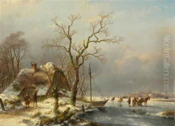 Winterliche Seelandschaft Mit Reisigsammlern Oil Painting by Andreas Schelfhout