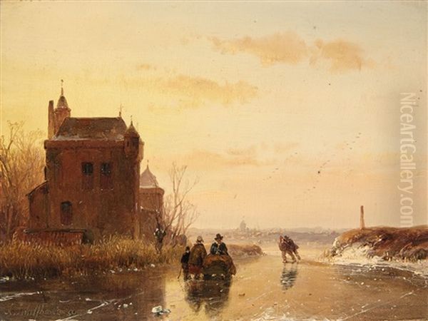 Winter Landscape With A Fort Oil Painting by Andreas Schelfhout