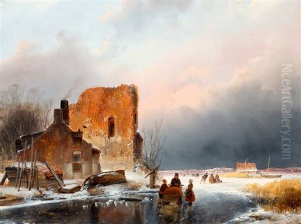 Ijsvermaak Met Figuren Bij Het Wak Van Een Ijsvisser Oil Painting by Andreas Schelfhout