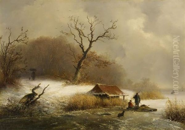 Winterlandschaft Mit Eisfischern Oil Painting by Andreas Schelfhout