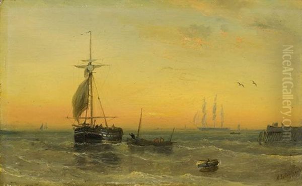 Segler Vor Dem Hafen Oil Painting by Andreas Schelfhout