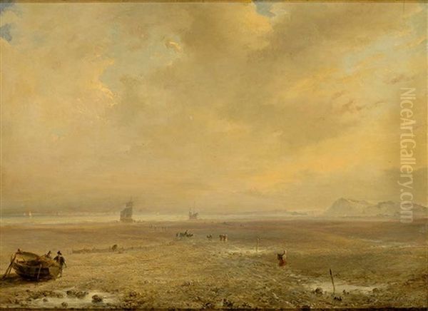 Morgendliche Kustenlandschaft An Der Nordsee; Im Vordergrund Muschelsammler Oil Painting by Andreas Schelfhout