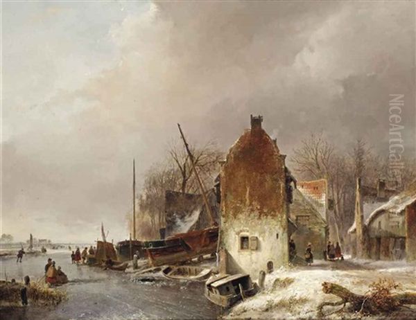 A Frozen Waterway With Figures By A Koek-en-zopie In Front Of A Slipway Oil Painting by Andreas Schelfhout