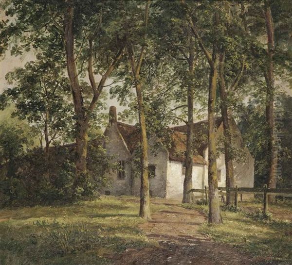 A Farmhouse Under The Trees Oil Painting by Andreas Schelfhout