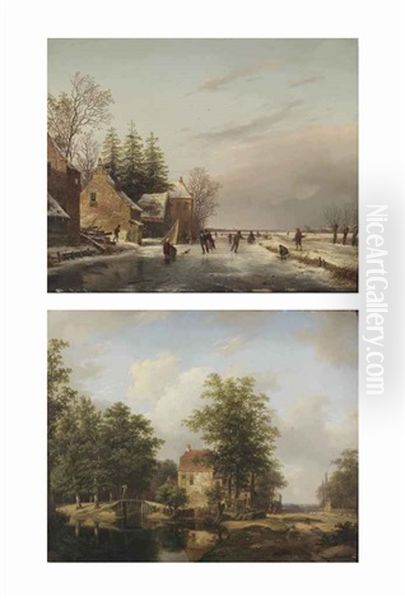 A Summer Landscape With A Mansion Near A Stream; A Winter Landscape With Figures Skating On A Frozen Waterway (pair) Oil Painting by Andreas Schelfhout