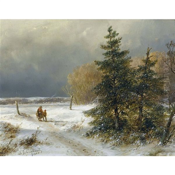 Verschneiter Weg Mit Staffage Oil Painting by Andreas Schelfhout