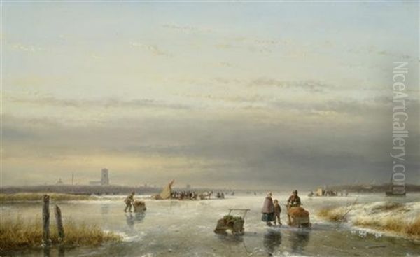 Winterlandschaft Mit Zugefrorenem Fluss Oil Painting by Andreas Schelfhout