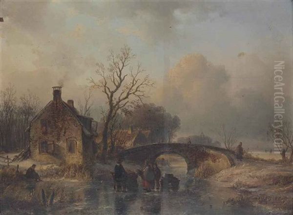 Autumn On The Canal Oil Painting by Andreas Schelfhout