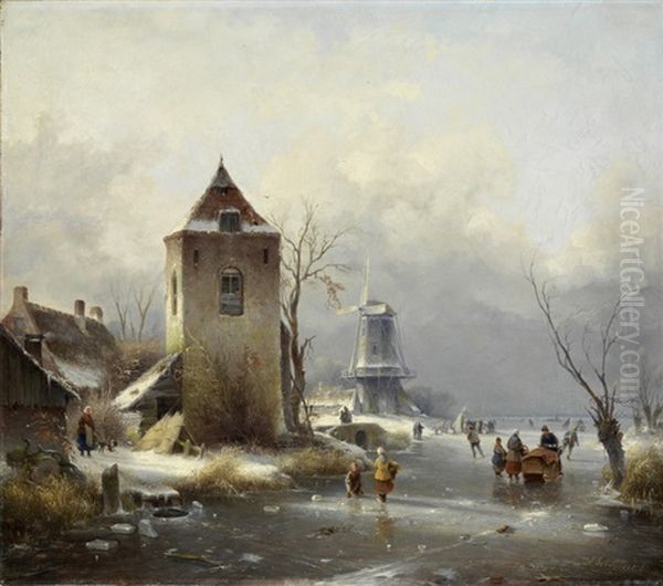 Wintertag Vor Einer Stadt Mit Windmuhle Und Schlittschuhlaufern Oil Painting by Andreas Schelfhout