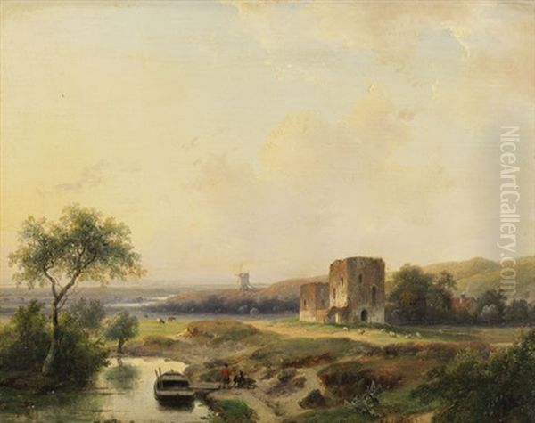 Flusslandschaft Bei Haarlem Mit Windmuhle Und Der Ruine Brederode Oil Painting by Andreas Schelfhout