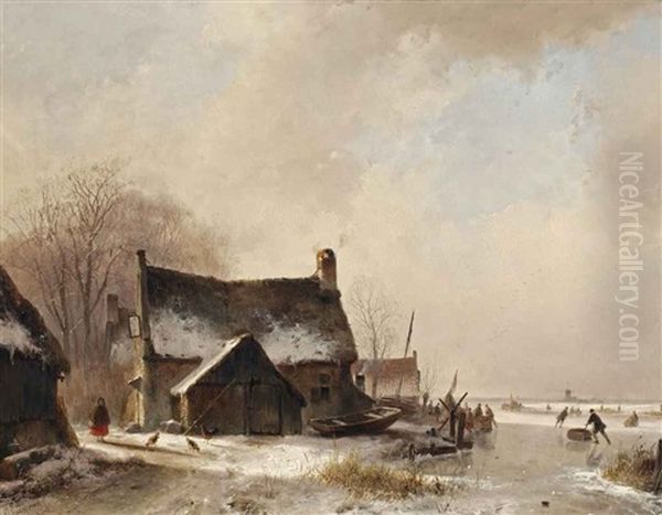 A Farm House Near A Frozen Waterway With Figures Skating Oil Painting by Andreas Schelfhout