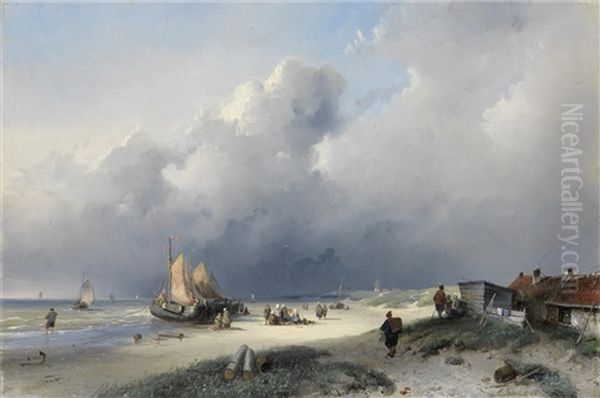 Bringing In The Catch Oil Painting by Andreas Schelfhout