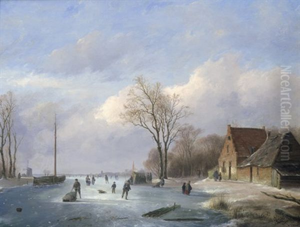 Winterlandschaft Mit Eislaufern (collab W/workshop) Oil Painting by Andreas Schelfhout