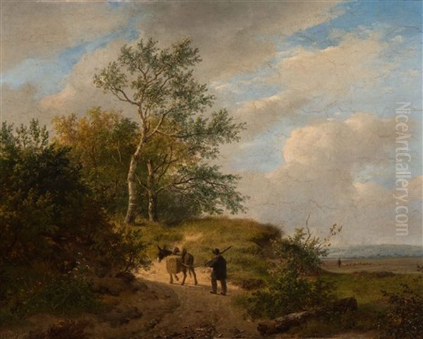 Farmer And Donkey On A Heathland Path, A Shepherd With Flock In The Background by Andreas Schelfhout