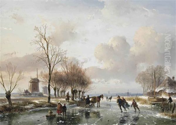 Skaters On A Frozen Waterway On A Sunny Wintersday, A Cottage And Windmills On The Riverbank Oil Painting by Andreas Schelfhout