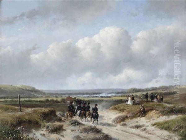 Manoeuvres Of The Hague Garrison On The Waalsdorpvlakte, With The 3rd Regiment Of Light Dragoneers In Foreground Oil Painting by Andreas Schelfhout