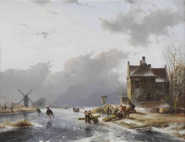 Loggers Transporting Trunks On The Ice Oil Painting by Andreas Schelfhout