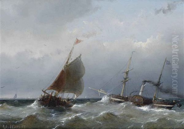 A Steamer On Open Water Oil Painting by Andreas Schelfhout