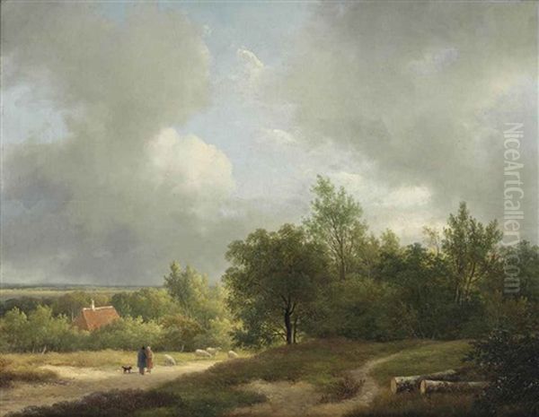 Shepherds With Their Flock In A Wooded Landscape Oil Painting by Andreas Schelfhout