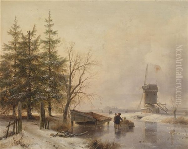 Hollandische Winterlandschaft Mit Schlittschuhlaufern Oil Painting by Andreas Schelfhout