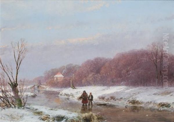 A Winter Landscape With Wood Gatherers On The Ice Oil Painting by Andreas Schelfhout