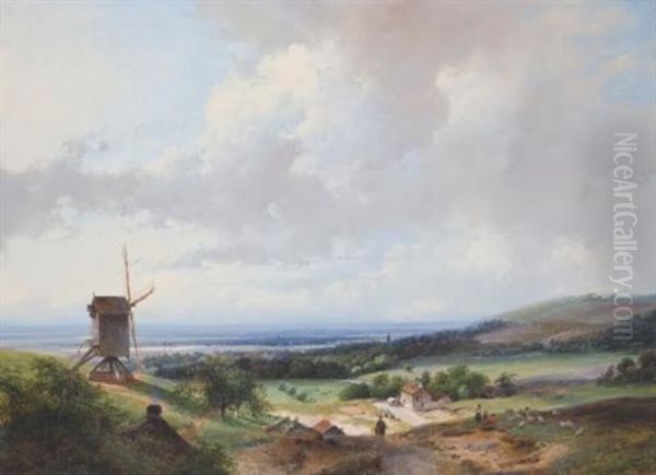 Shepherds And A Horseman By A Mill, Haarlem In The Background Oil Painting by Andreas Schelfhout